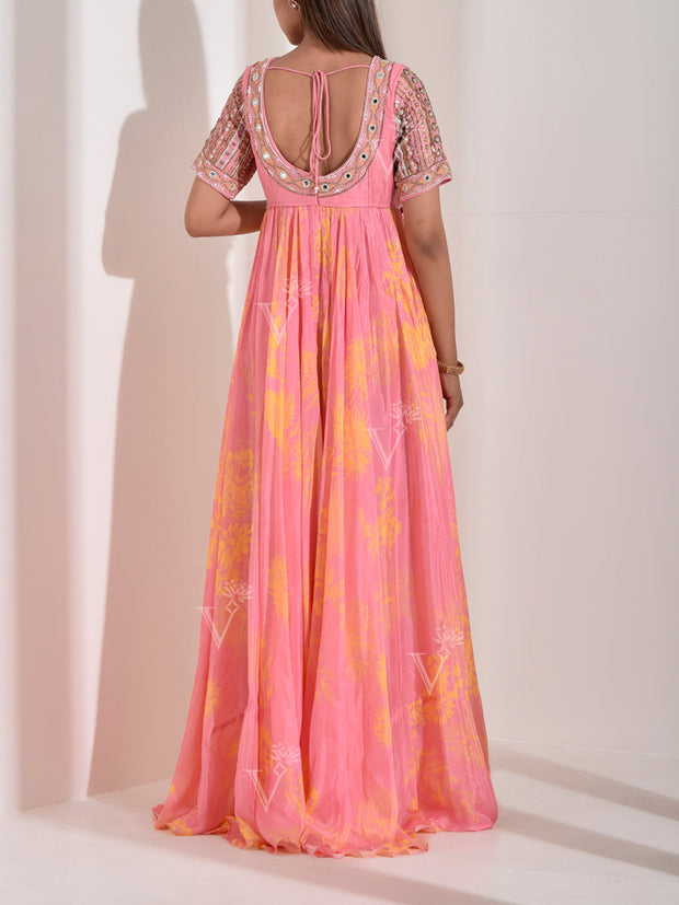 Pink Floral Printed Embroidered Wrinkle Crepe Gown