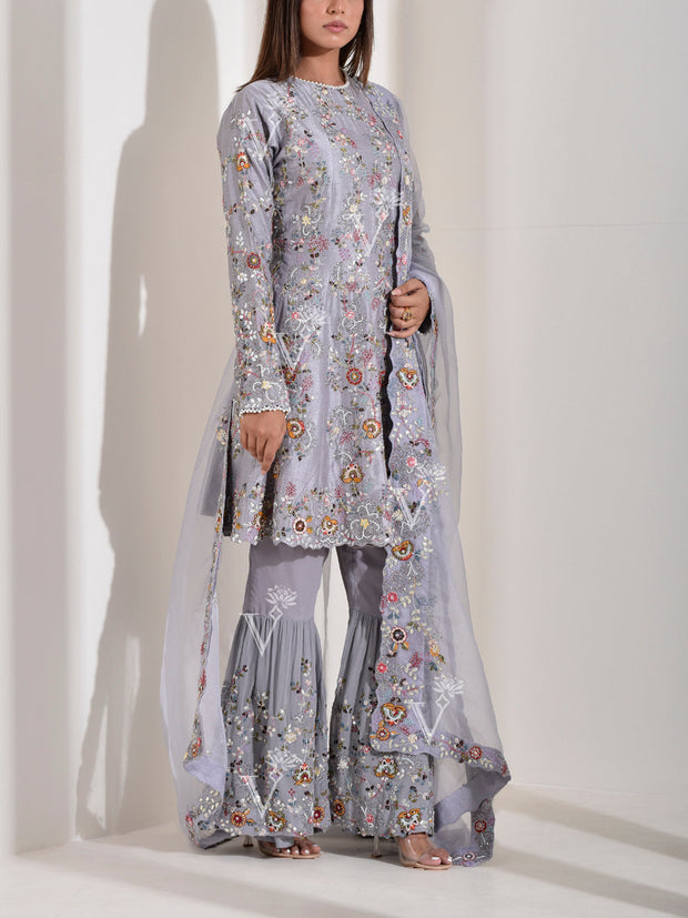 Grey Embroidered Kurta and Sharara Set