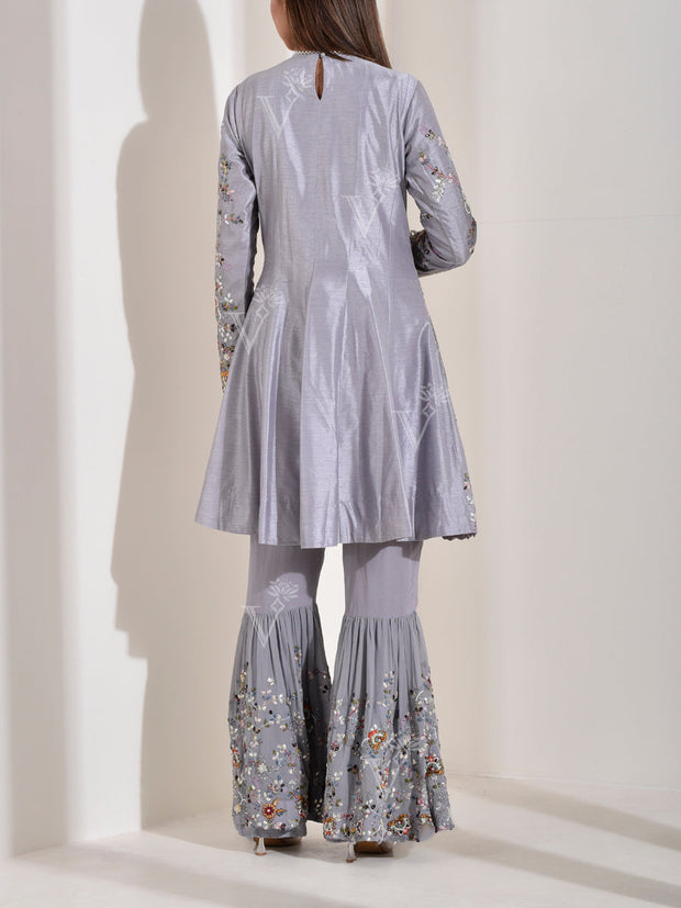 Grey Embroidered Kurta and Sharara Set