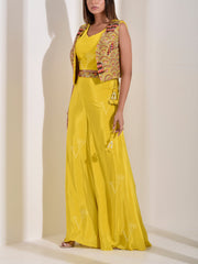 Yellow Embroidered Top and Palazzo with Jacket Set