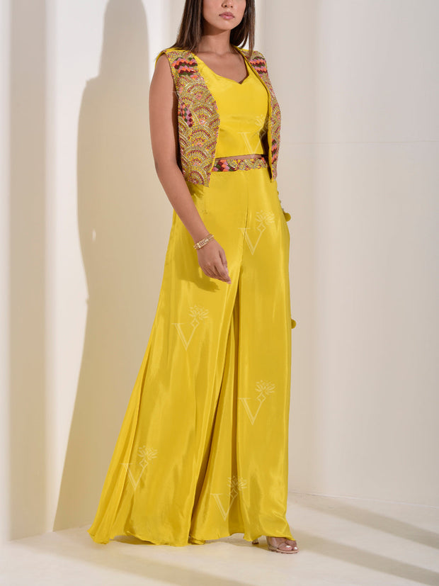 Yellow Embroidered Top and Palazzo with Jacket Set