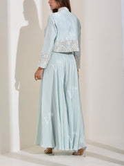 Powder Blue Silk top with Palazzo and Embroidered Jacket Set