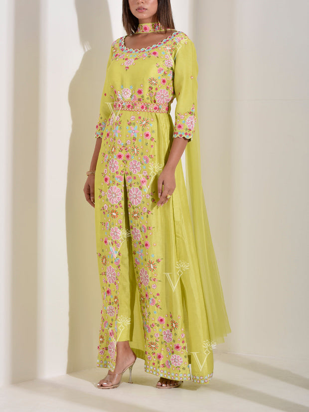 Lime Green Silk Embroidered Suit set