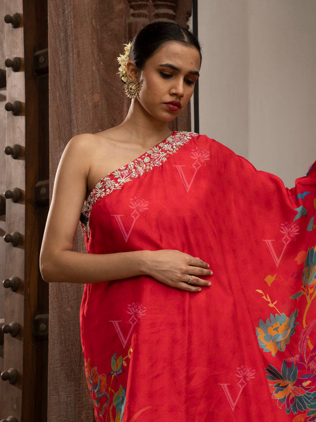 Alluring Red One Shoulder Asyemmetric Top and Sharara