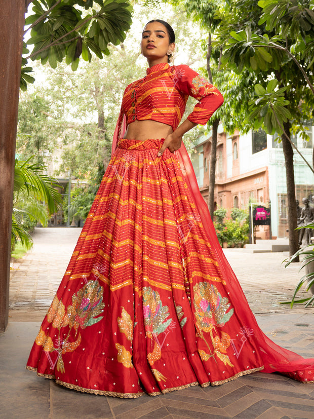 Radiant Red Vasansi Silk Leheriya Printed Lehenga Set