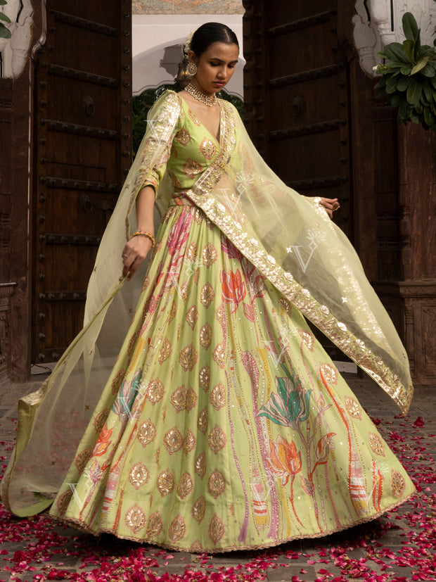 Green Vasansi Silk Printed Lehenga Set