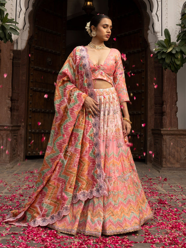 Peach Ombre Vasansi Silk Printed Lehenga Set