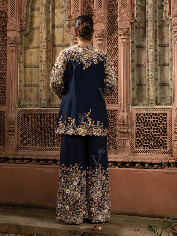 Blue Silk Embroidered Jacket with top and Palazzo Set