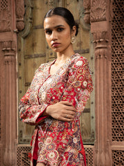 Red Silk Embroidered Jacket with top and Palazzo Set