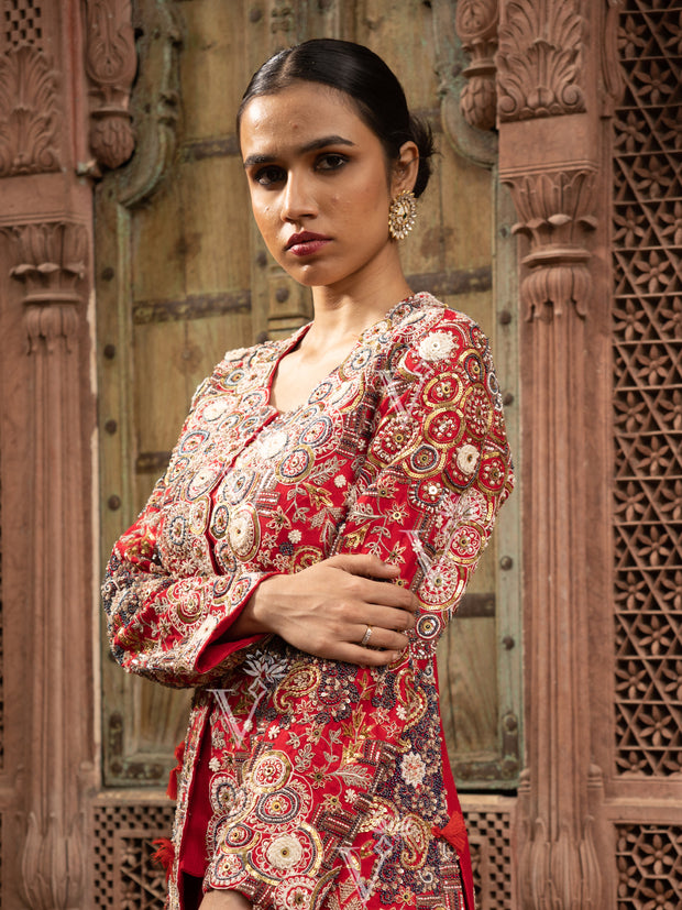 Red Silk Embroidered Jacket with top and Palazzo Set