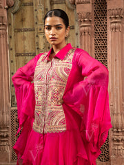 Pink Embroidered Tiered Jacket with top and Drape skirt Set