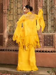 Yellow Embroidered Tiered Jacket with top and Drape skirt Set