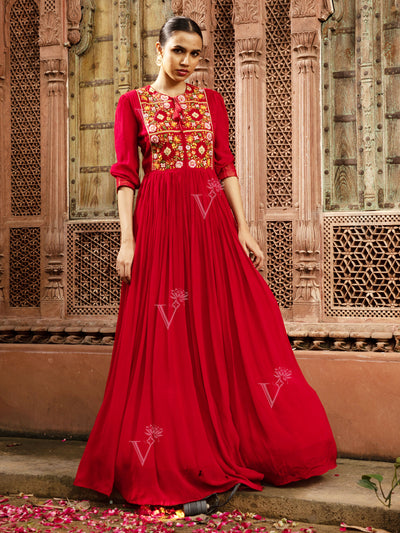 Red Georgette Embroidered Gown