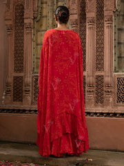 Red Embroidered Bandhani Tiered Cape and Skirt Set