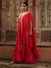 Red Embroidered Bandhani Tiered Cape and Skirt Set