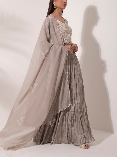 Light Grey Wrinkle Crepe Lehenga Set