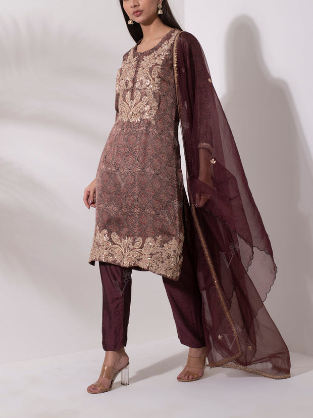 Brown Satin Embroidered Suit Set