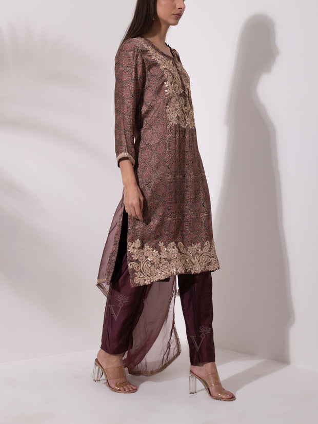 Brown Satin Embroidered Suit Set