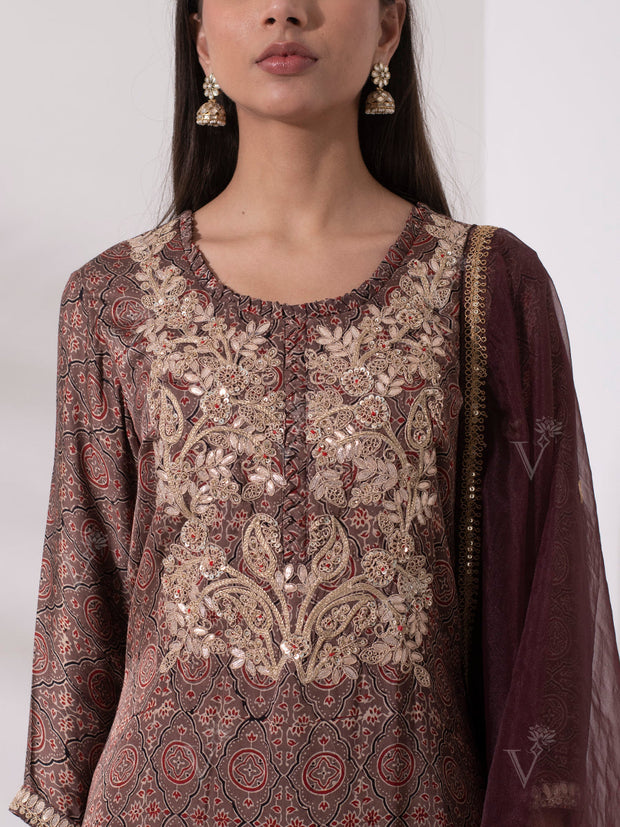 Brown Satin Embroidered Suit Set