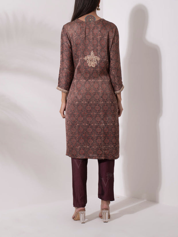 Brown Satin Embroidered Suit Set