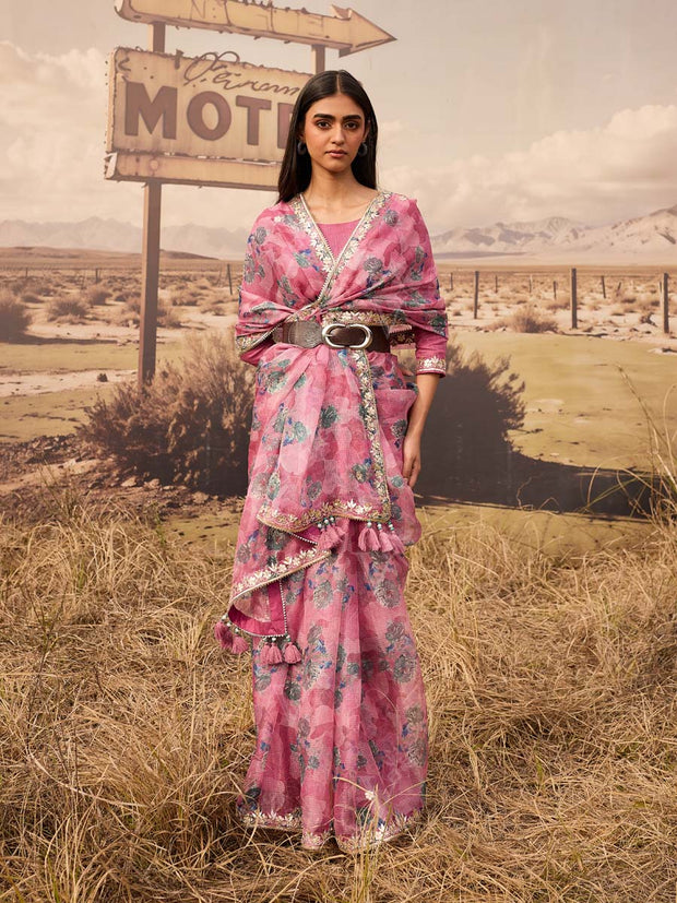 Pink Printed Gota Patti Saree