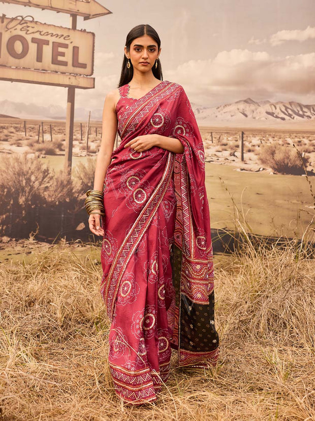 Maroon Vasansi Silk Bandhani Printed Gota Patti Saree