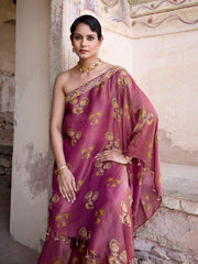 Wine Tissue Embroidered One Shoulder and Sharara Set