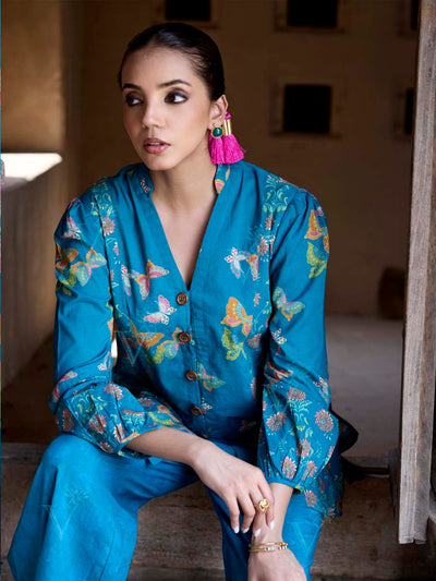 Blue Cotton Printed Co Ord Set