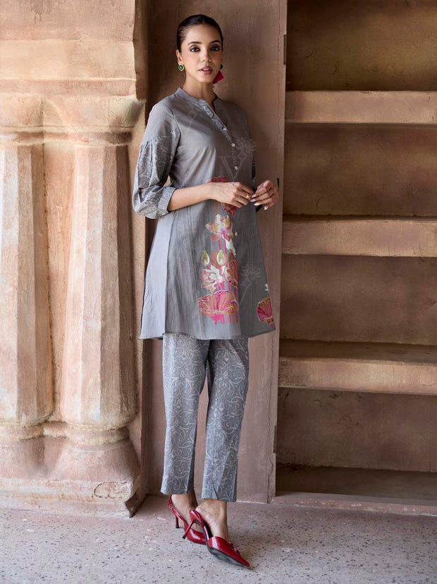 Fuscous Grey Cotton Printed Co Ord Set