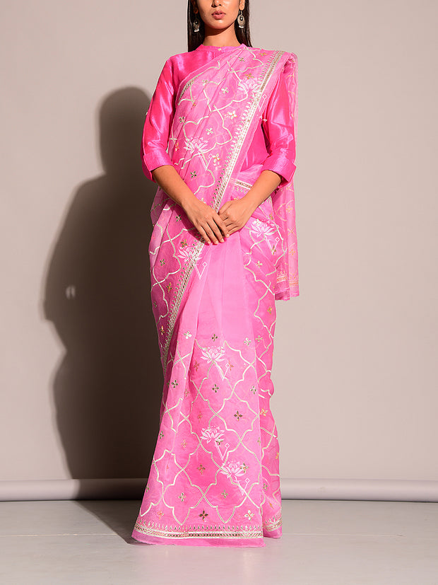 Pink Pure Organza Gota Embroidered Saree