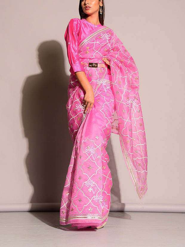 Pink Pure Organza Gota Embroidered Saree
