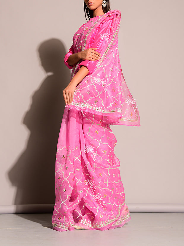 Pink Pure Organza Gota Embroidered Saree