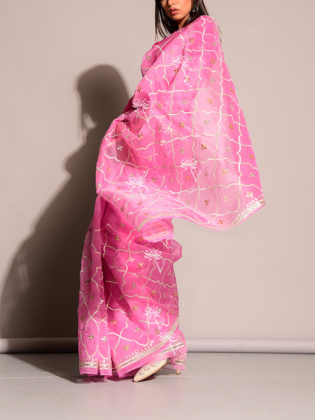 Pink Pure Organza Gota Embroidered Saree