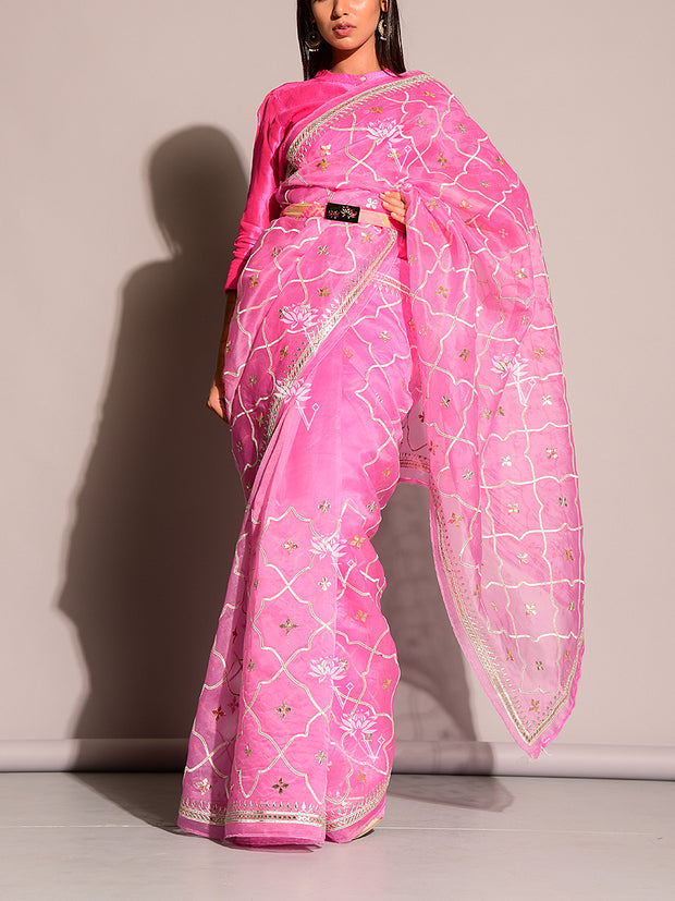 Pink Pure Organza Gota Embroidered Saree