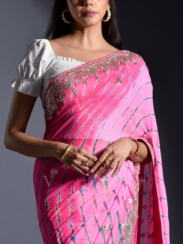 Pink Georgette Leheriya Saree