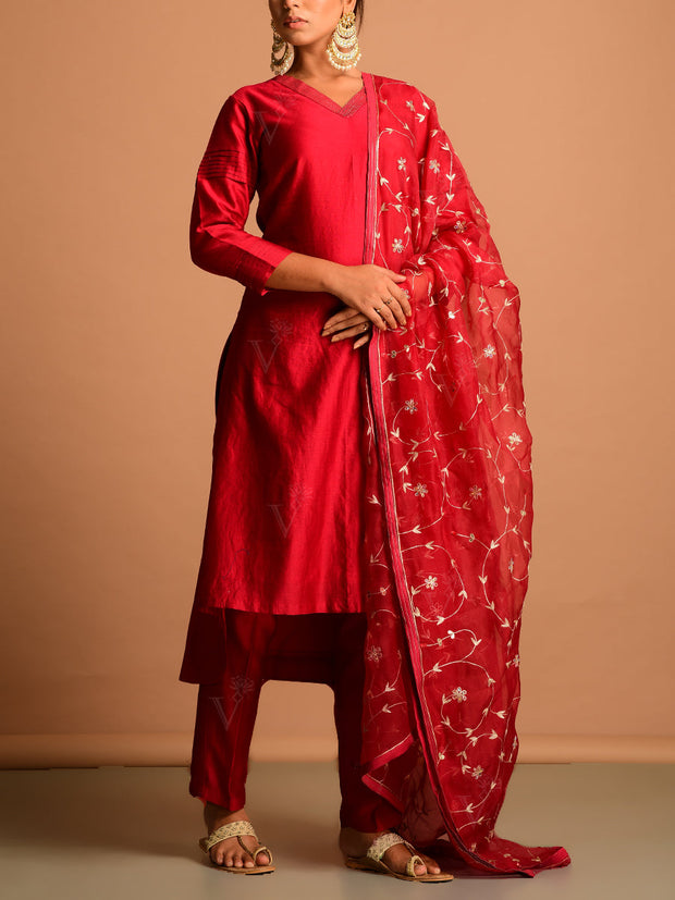 Deep Red Organza Embroidery Dupatta