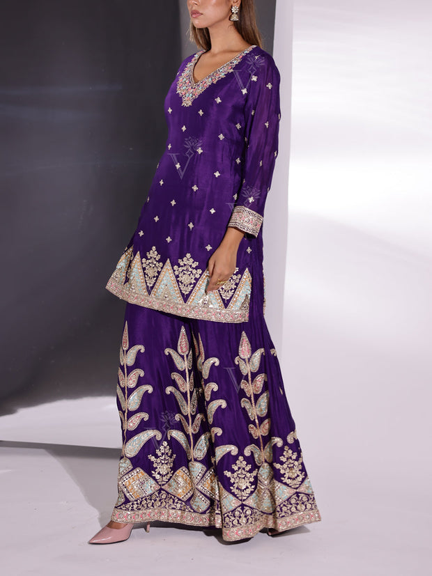 Viloet Crepe Embroidered Kurta and Palazzo Set