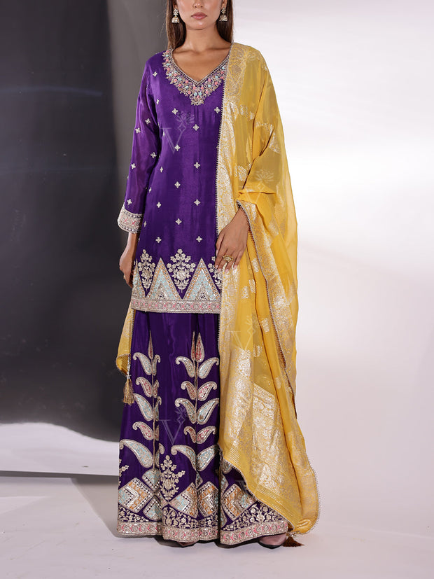 Viloet Crepe Embroidered Kurta and Palazzo Set