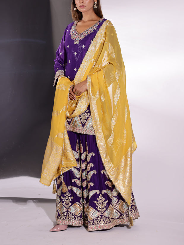 Viloet Crepe Embroidered Kurta and Palazzo Set