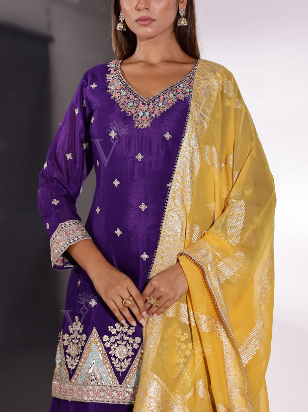 Viloet Crepe Embroidered Kurta and Palazzo Set