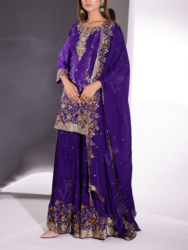 Violet Crepe Embroidered Kurta and Sharara Set