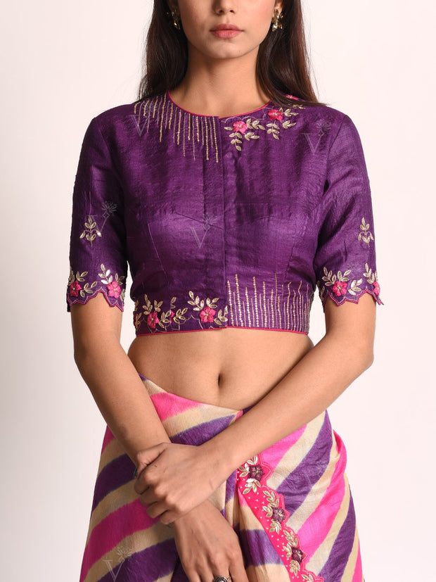 Purple And Pink Embellished Leheriya Tussar Silk Saree