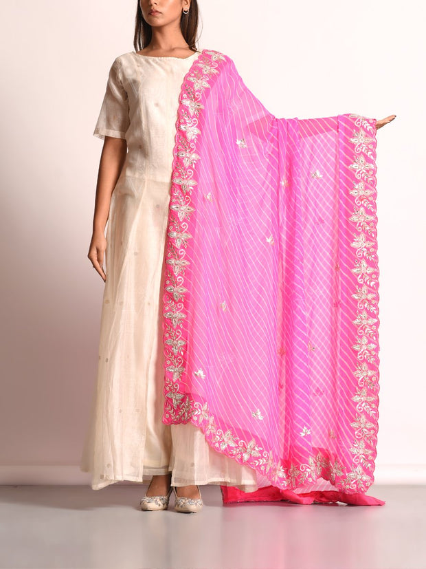 Pink Georgette Leheriya Scalloping Dupatta