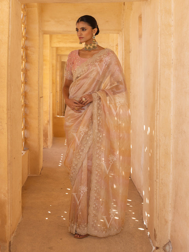 Baby Pink Sequins Organza Saree