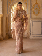 Beige Zardozi Organza Saree