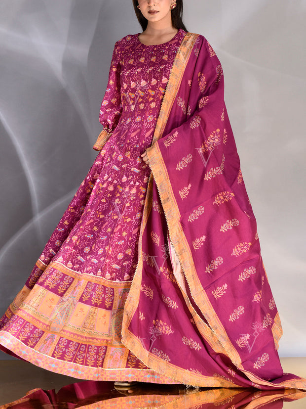 Rasberry Pink Vasansi Silk Printed Anarkali Gown
