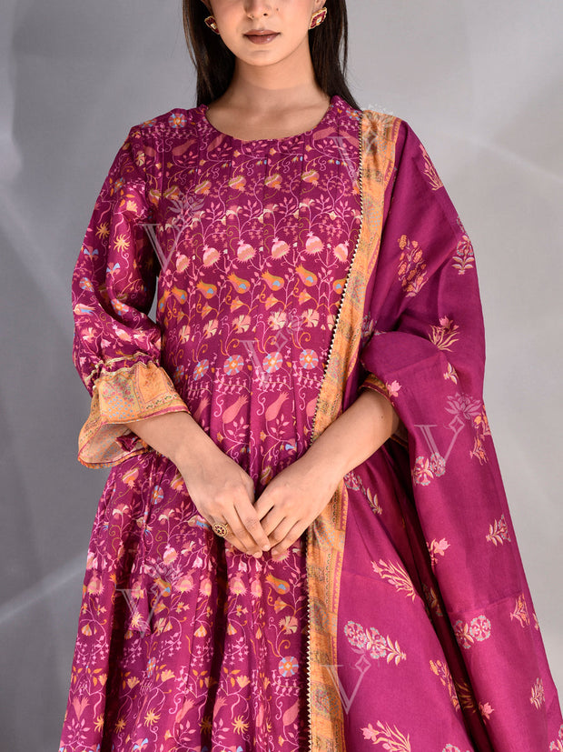 Rasberry Pink Vasansi Silk Printed Anarkali Gown