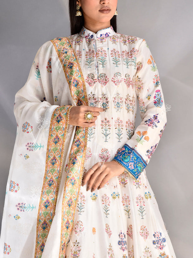 White Vasansi Silk Printed Anarkali Gown