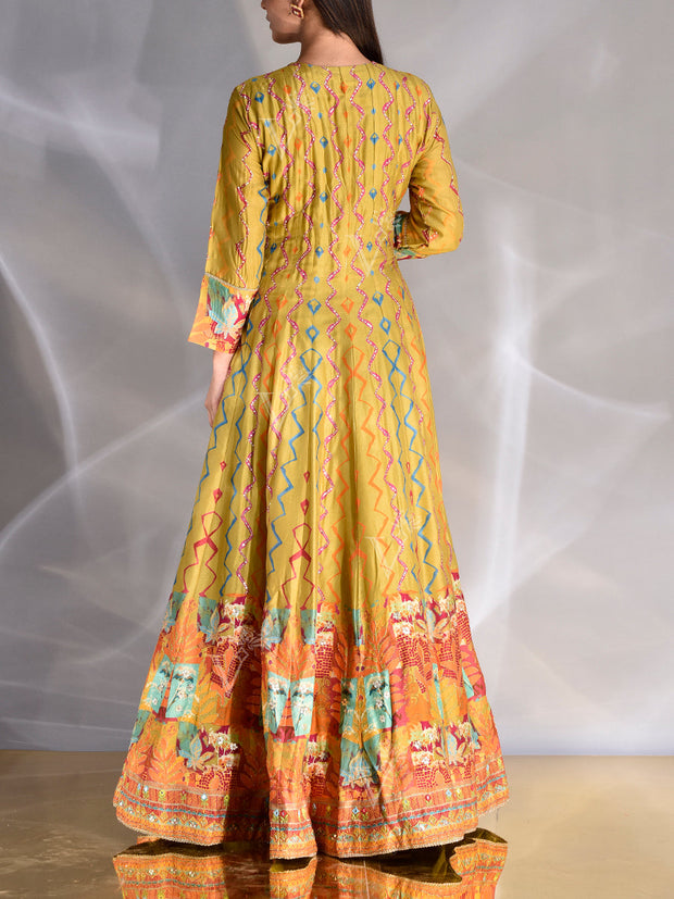 Pistachio Green Vasansi Silk Printed Anarkali Gown