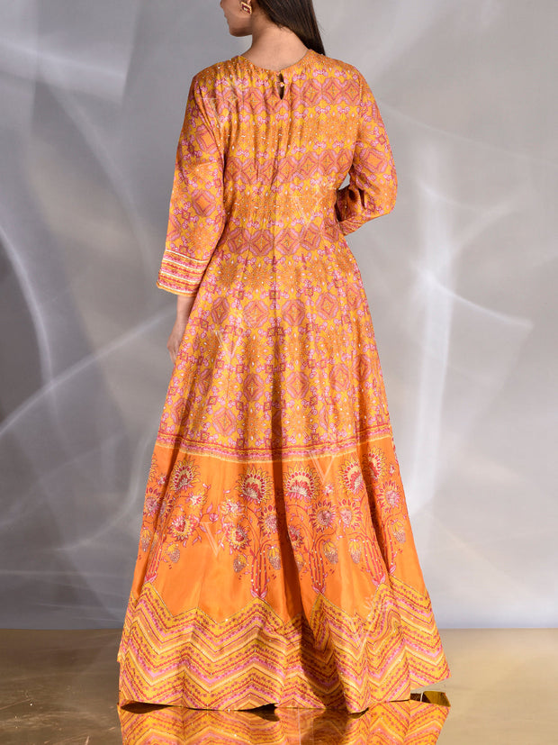 Mustard Vasansi Silk Printed Anarkali Gown